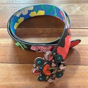 Desigual Floral Patterned Belt with Decorative Buckle